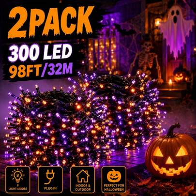 TTDHWW Paquete de 2 luces decorativas de Halloween, decoración para el Festival de los Fantasmas, 98 pies-300 bombillas LED - 8 modos de parpadeo, resistente a salpicaduras IP44 - Luces de cadena enchufables para decoración de árboles en fiestas de Halloween al aire libre/interiores - Naranja y morado