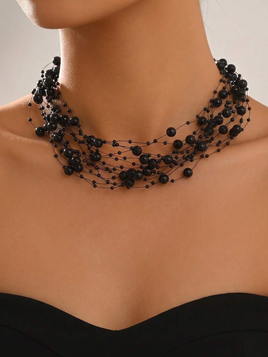 1pc Vintage Versatile Multi-Layer Black Star Beaded Necklace, Gothic Style Exaggerated Evening Party Halloween Collarbone Chain For Women - Black - View 1