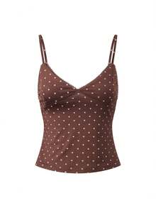Women Polyester Polka Dot Spaghetti Strap Tank Tops Y2K Fairycore Lace Trim Corset Camisole V Neck Slim Cami Tops Cute Crop Tops Summer Going Out Top - 深棕色-白色波點 - 查看 4