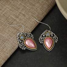 DIYCCPC Elegant Fashion Pattern Engraved Pink & Blue Bead Water Drop Hollow Pendant Earrings, Suitable For Daily Wear Jewelry - Multicolor - View 6