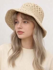 1pc Women's Straw Hat Bohemian Polyester Fashion Outdoor New Style Wide Brim Personalized Sun Protection Breathable Solid Color Straw Hat Suitable For Daily Outdoor Travel Use - MZ2648 - View 11