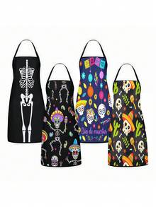 4Pcs/1pcDay Of The Dead Print Apron, Sugar Skull Skeleton Pattern Kitchen Apron For Cooking Baking Halloween PartySkeleton Apron For Halloween, White Human Skeleton Bones Print Black Kitchen Apron - Multicolor - View 17