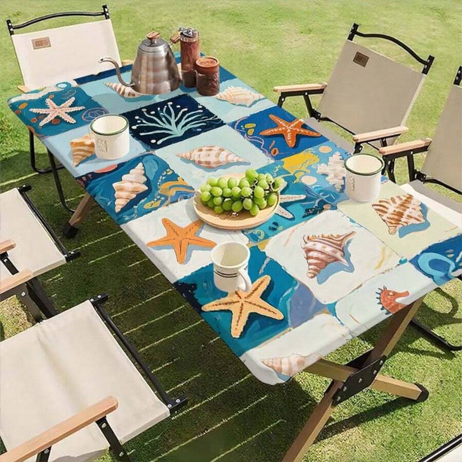 2D Plano - 1 pieza Mantel elástico lavable - Base verde menta con estampado de cuadrícula de dibujos animados de estrellas de mar y conchas en azul claro y blanco - Adecuado para uso interior y exterior - Mantel rectangular - Diseño de poliéster duradero - A - Ver 1