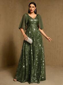 XUCTHHC Elegant Party High-Quality Sequin V-Neck Ruffle Sleeve A-Line Formal Ball Gown, Evening Dress, Wedding Guest, Graduation, Holiday, Autumn/Winter - Olive Green - View 7