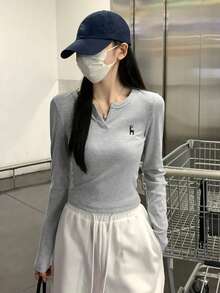 Atasan Dalaman Kaos Lengan Panjang Bordir Pas Badan dengan Kerah Setengah Terbuka untuk Awal Musim Semi - Grey - View 4