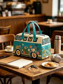 1pc Floral Bus Travel Storage Bag, Foldable Storage Bag, Multi-Functional Storage Bag, Butterfly Floral Bus Pattern Design, Simple And Fashionable. Large Capacity Tote Bag Style, Suitable For Outdoor, Travel, Gym, Dorm Storage, Holiday Gift, Travel Bag, Toiletry Bag, Makeup Bag, Travel Essential, Back To School, Halloween, Gift Essential, Home Storage Essential - Multicolor - View 8