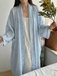 Women's Bathrobe, Comfortable Bathing Robe For Teenagers, Suitable For Reading At Home, Fresh Korean Style Bow Print Bathrobe, Spring/Autumn New Comfortable Loungewear Nightgown - Mint Blue - View 1