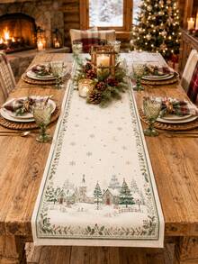1pc Cream Winter Village Christmas Table Runner, Vintage Linen Rectangular Snow House Pine Tree Snowflake Star Moon Holly Berry Print Tablecloth, Suitable For Dining Table, Kitchen, Buffet, Christmas Dinner, Holiday Party And Winter Home Decor - Multicolor - View 2