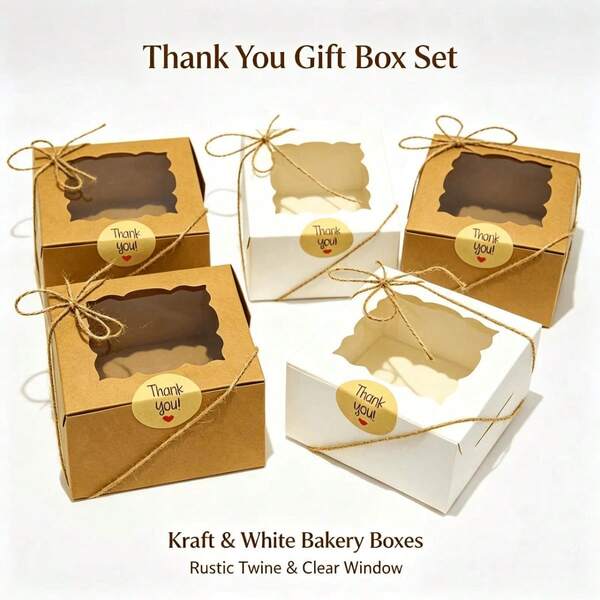 20pcs/50pcs - Wavy Transparent Window Gift Boxes, Mini Kraft Paper Bread Boxes With Jute Rope And Thank You Stickers, Cookie Candy Chocolate Packaging Boxes, Suitable For Wedding Gifts Birthday Party Guest DIY Gift Set