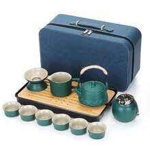 Portable Gongfu Tea Set, Ceramic Teapot And Cups With Grey Travel Case, Traditional Chinese Tea Set Gift For Home, Office And Travel - Green - View 9