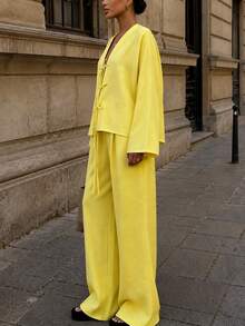 Marisole Women's Long Sleeve Front Buttoned Tie Top With Elastic Waist Straight Pants Two Pieces Set Drop Shoulder ,Elegant,Spring Summer Autumn Yellow - Yellow - View 5