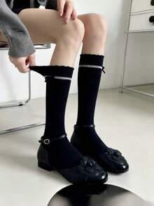Spring/Summer Sweet Lace Bow Long Tube Slouch Socks, Versatile Solid Color Socks For Home And JK Style - Multicolor - View 2