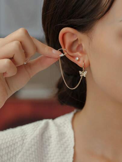 Tkool 2pcs/Set Butterfly Zirconia Pendant Integrated Ear Cuff Crown Zirconia Stud Earrings Multi-Piece Set Sweet Elegant Elegant Women's Earrings