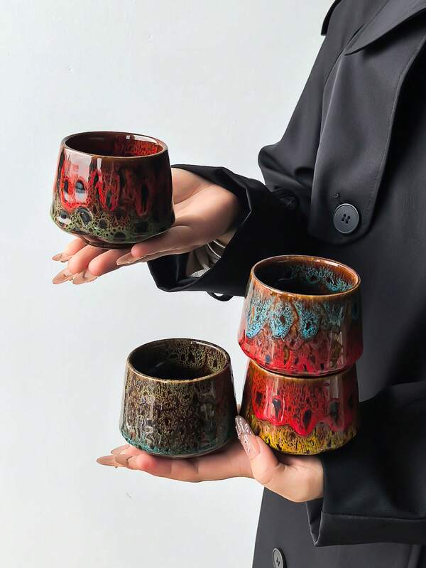 1pc Japanese Wabi-Sabi Style Kiln-Changed Handheld Cup, Handmade Kiln-Changed Ceramic Tea Cup & Volcanic Lava Glaze Drinking Cup, Asymmetrical Texture Porcelain Cup, Suitable For Tea And Coffee, Unique Artistic Handmade Tea Cup