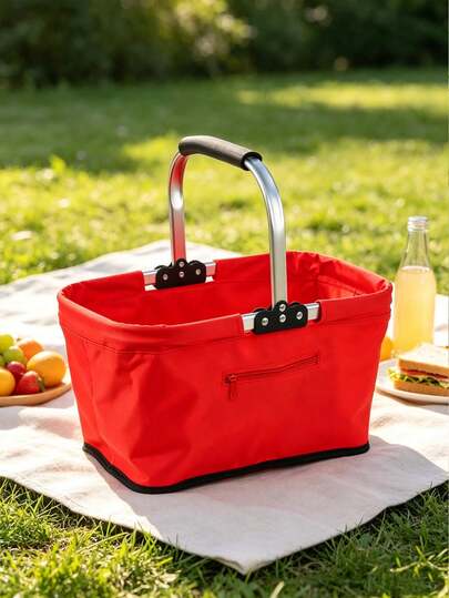 Foldable Waterproof Oxford Cloth Shopping Basket, Portable Grocery Tote With External Zipper Pocket, Large Capacity Reusable Basket For Picnic, Camping, Grocery Shopping, Car Storage, Household Organizer, Washable Fabric Folds Flat To Save Space
