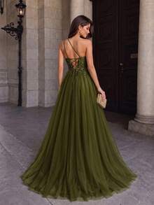 VIPGIRL Sleeveless Sequin Mesh Prom Dress With Asymmetrical Neck Design, Elegant Formal Evening Wedding Guest Gown, For Graduation, Dinner Party Dress Spring - Green - View 3
