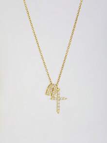 1pc Gold Tone Letter A -Z And Cross Pendant Necklace For Girls Sparkly Rhinestone Holiday Party Vacation Daily Wear Celebration Jewelry Gift - Gold - View 2