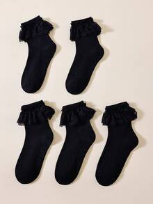 1/3/5 Pairs Women's Black Lace Ruffle Trim Short Socks, Soft Breathable Ribbed Knit Ruffle Mid-Calf Socks, Suitable For Daily Wear, Party, Cosplay, Vintage Ballet Core Lolita Princess Dress Socks - Black - View 5