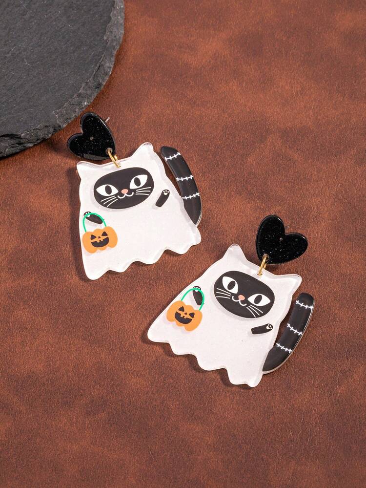 1 Pair Creative Design Cute Halloween Cartoon Print Acrylic Black Cat & Pumpkin Earrings For Women - Multicolor - View 3