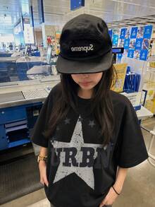 Y2K復古美式風女款夏季新款休閒寬鬆字母與星星印花短袖T恤上衣黑色 - 黑色 - 查看 2
