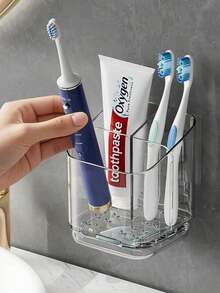 1pc Transparent Toothbrush Holder, Divided Wall-Mounted Storage Rack, Multi-Functional Bathroom Storage Accessory, Creative Drill-Free Bathroom Organizer, For Storing Toothbrush, Comb And Razor, Home Bathroom Decor - Clear - View 10