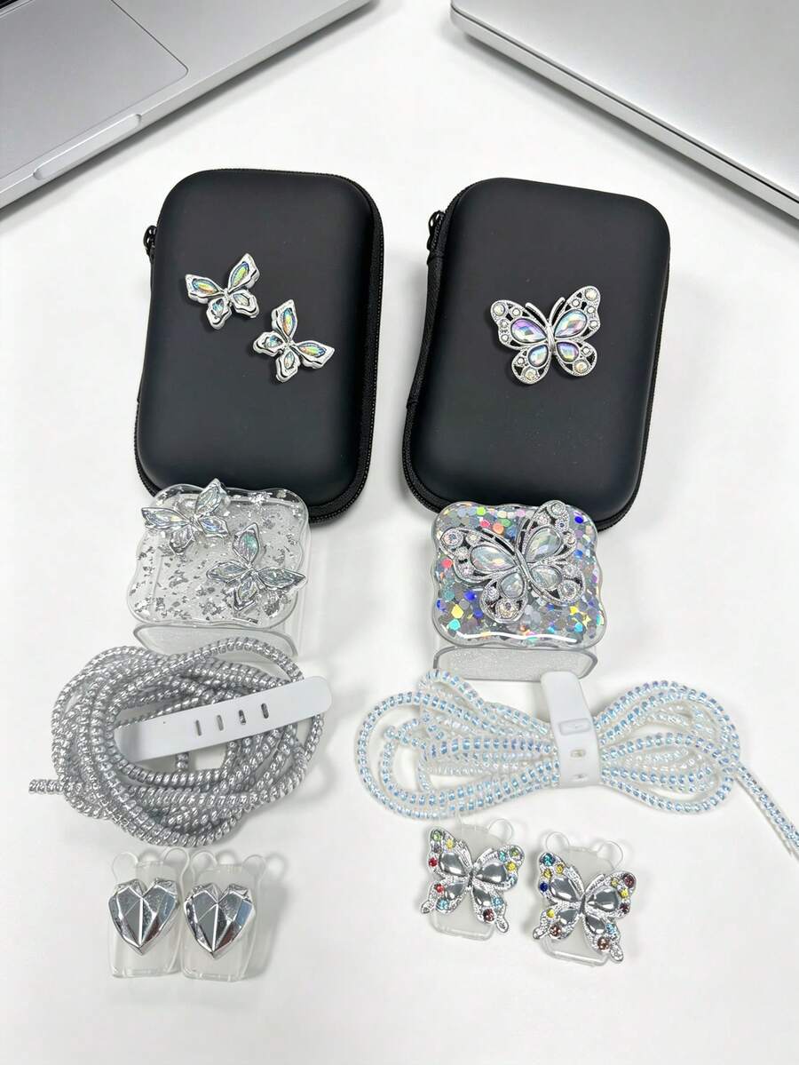 6pcs Set Exquisite Premium Silver Shiny Rhinestone Butterfly Data Cable Protector With Hard Shell Storage Bag, Charging Cable Winder, Cable Clip And Gradient Laser Protective Case, Compatible For Apple 18/20W Series Charger Protection Storage Set, Anti-Breakage Anti-Drop Anti-Shock, Daily Travel Charging Accessories Full Set Combination - View 1