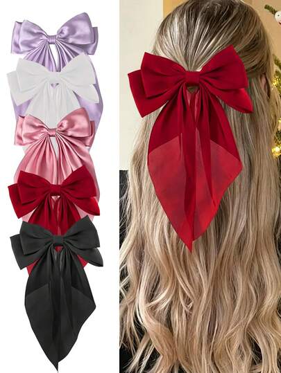 5pcs Large Bow Hair Clips With Ribbon - Suitable For Thick And Thin Hair, Non-Slip Claw Clips, Girls Hair Accessories, Ribbon, Ribbon Bow, Folder Clips, Bows, Party Hair Accessories, Mother's Day Fashion, Daily Party, Valentine's Day Hair Accessories, Valentine's Day Claw Clips