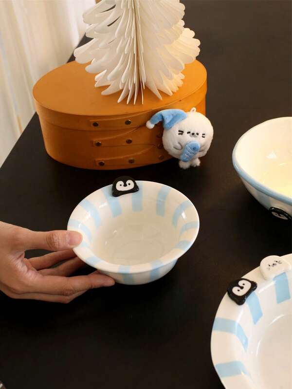 1pc 5inch Adorable Seal And Penguin Ceramic Bowls, Striped Salad Bowls, Ice Cream Bowls And Dessert Bowls; Exquisitely Crafted, Ideal For Home Decor And Tableware, As Well As For Use In Restaurants As Dessert Or Porridge Bowls; Perfect As Gifts