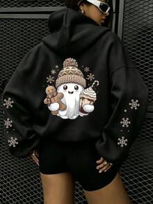 Plus Size Women's Casual Gothic Style Drop Shoulder Hooded Sweatshirt, Thin Long Sleeve Pullover With Gothic Gingerbread Ghost Print, Drawstring Hood, Pockets, Loose Fit, Solid Color Print, Autumn/Winter Fashion Sportswear, Comfortable Plus Size Sweatshirt For Outdoor Sports, Daily Wear, Parties, School, Vacation, Commuting And Halloween - Black - View 3