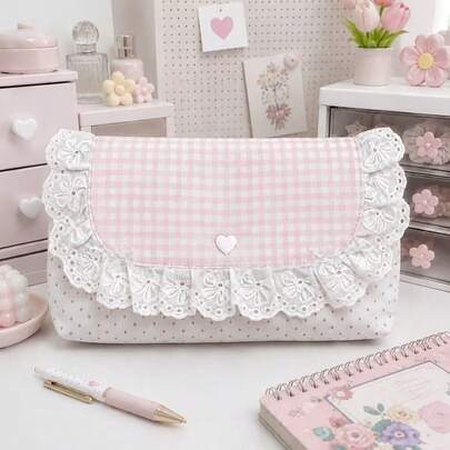 1pc Pink Plaid Lace Storage Bag, Compact Multi-Functional Organizer Bag, Exquisite Lace Trim With Heart Decoration, Suitable For Storing Coins, Cards, Notes, Pens And Cosmetics, Soft Fabric, Perfect For School, Office Organization, Travel, School Supplies