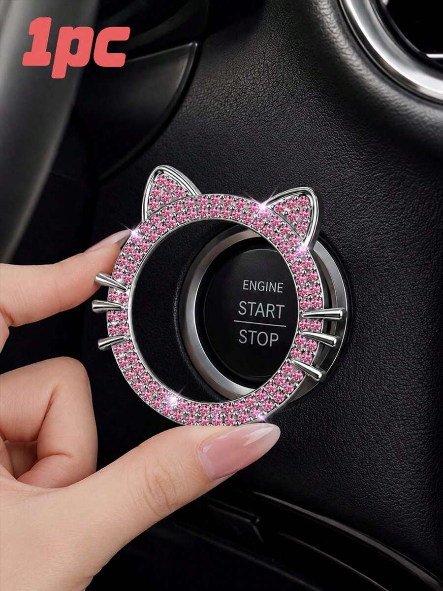 1pc Crystal Rhinestone Car Engine Start Stop Decorative Ring, Women's Shiny Car Accessory, Push Start Button, Key Ignition Starter And Knob Shiny Ring - A - View 1