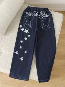 Tween Girl Blue Denim Jeans Fashion Casual Street Style Letter & Star Embroidered Loose Wide Leg Pants - Blue - View 2