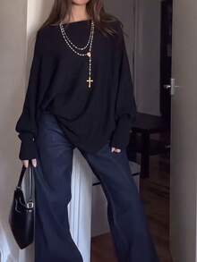 JIANHU Autumn/Winter Off-Shoulder Black Batwing Sleeve Knit Sweater, Thanksgiving Dinner And Christmas Party Fall - Black - View 2