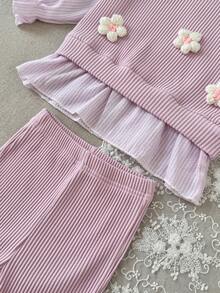 Baby Girls 2pcs Casual Set With 3D Floral Ribbed Flare Pants - Pink - View 10