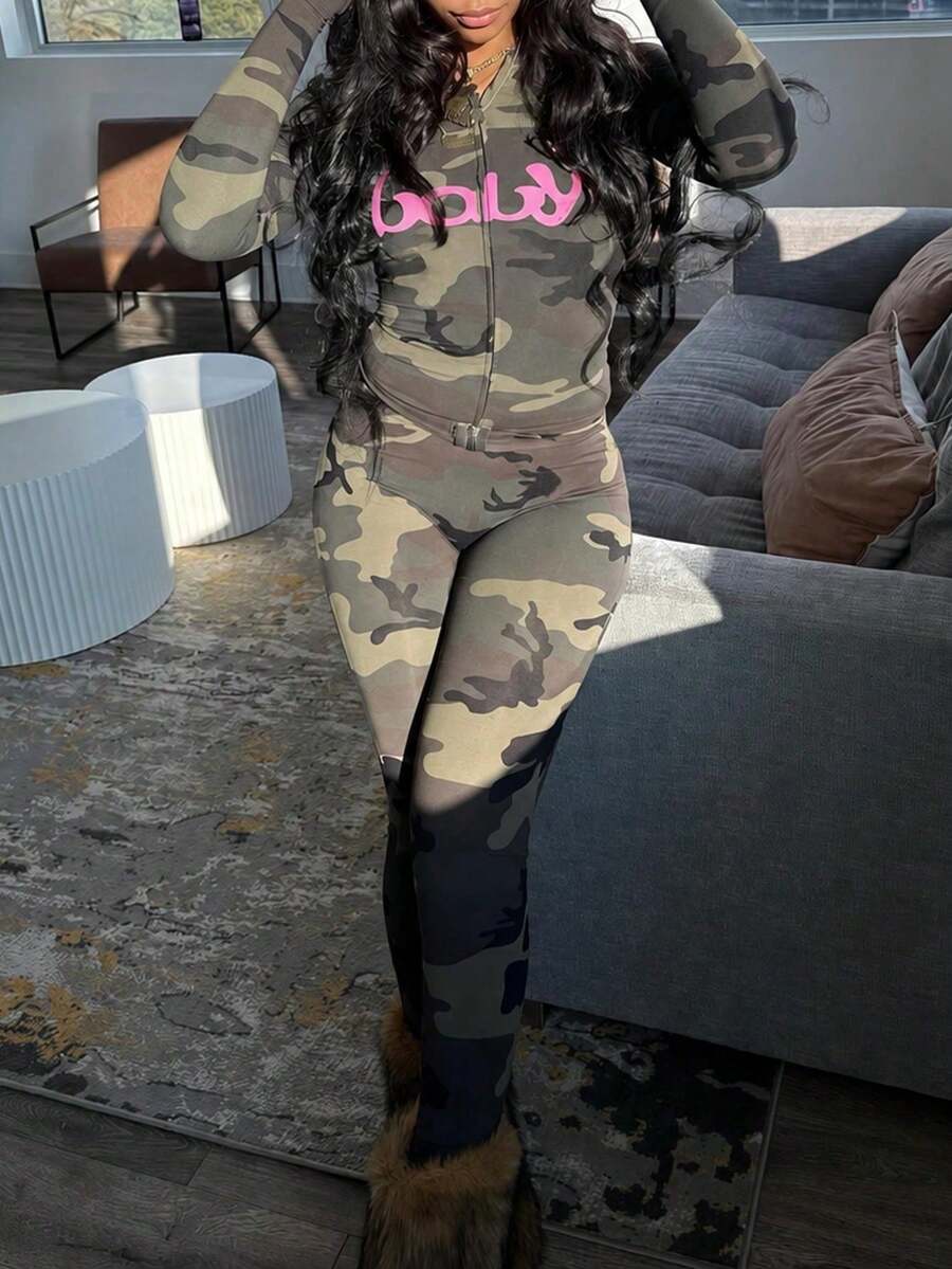 Women's Pink Leopard Print Autumn 2 Pieces Birthday Outfit, Cropped Long Sleeve Top With Flare Pants - Green - View 1