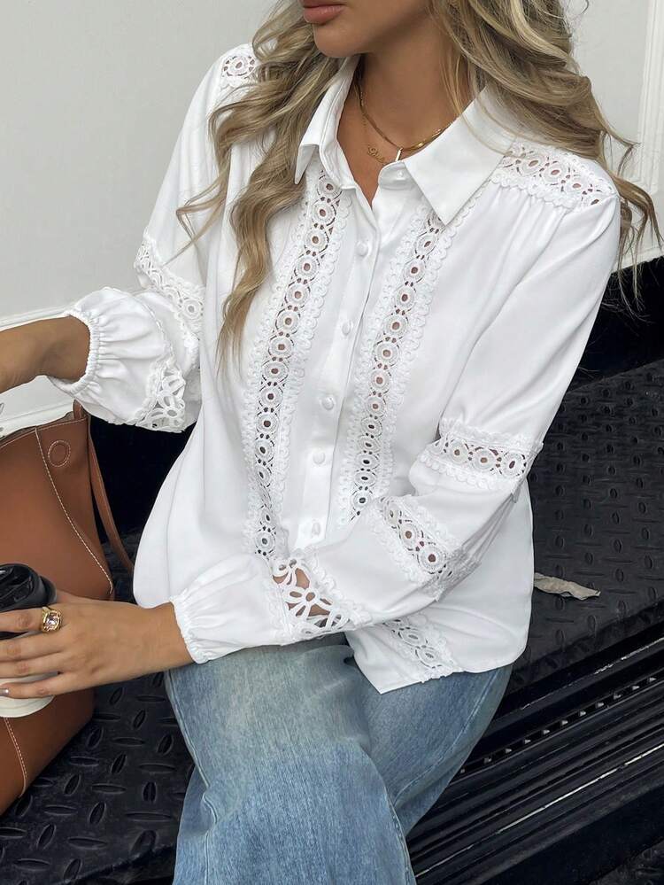 Minimal Breathable Embroidery Vacation Shirt Graduation Commute Travel Vacation City Trip Leisure Brunch Wear - White - View 4