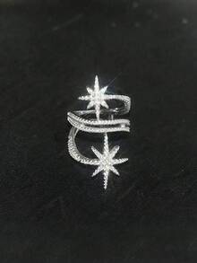 女款白色雙層戒指，流星設計，十字流星造型鑲嵌立方鋯石，閃亮吸睛 - 銀色 - 查看 4