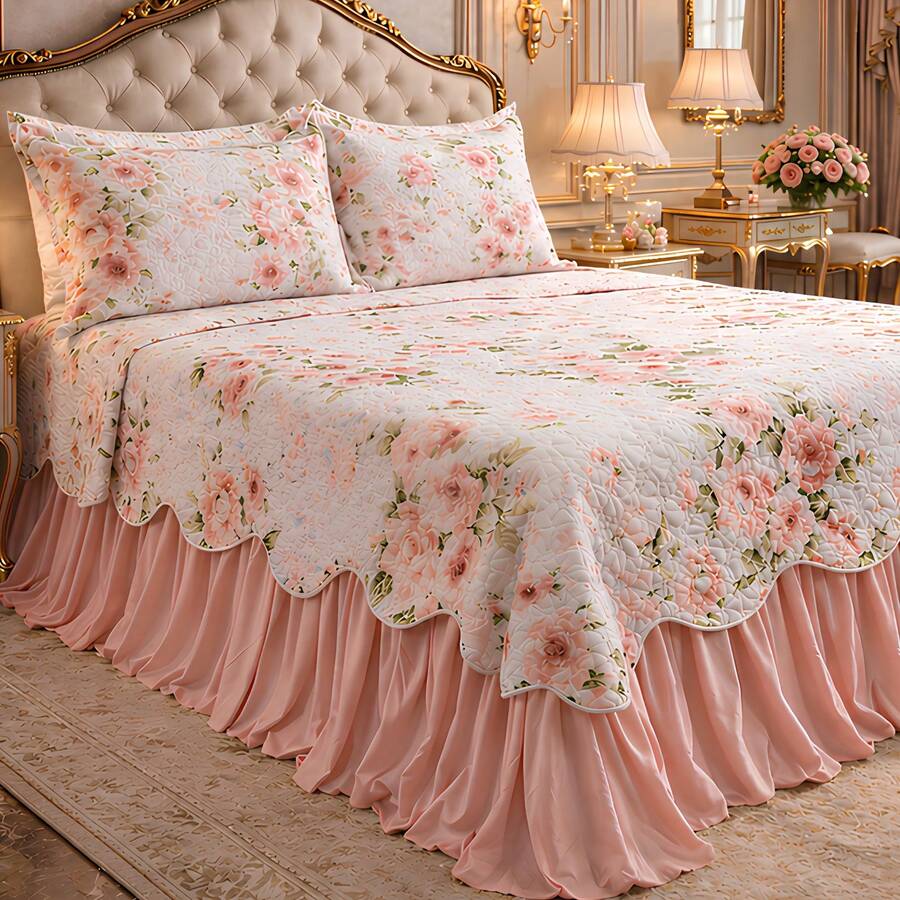 QUEEN Cobre Leito BELIZE com Porta Travesseiros 3 Peças – Colcha Floral Premium Exclusiva Macia