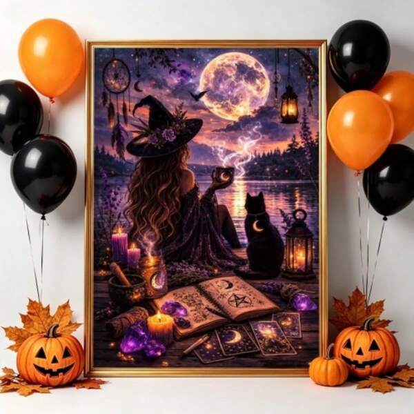 Affiche sur canevas verticale Chat noir de la sorcière du lac de la pleine lune, scène de forêt au crépuscule violet, cartes de tarot, bougies en cristal, attrape-rêves, livre de sorts de sorcellerie, impression d'art mural sans cadre pour décoration de chambre d'Halloween style cottagecore sombre