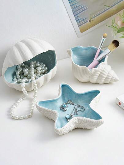 1pc Starfish Shell Shaped Jewelry Tray, Ring Holder Dish Decorative Ceramic Jewelry Dish, Jewelry Storage Tray, Jewelry Collection Decorative Plate, Jewelry Display Tray, Women's Gift, Home Decor Bedroom Decor Ceramic Small Jewelry Storage Dish, Used For Storing And Displaying Jewelry, Rings, Earrings, Hand Cream, Necklaces, Bracelets, Bangles, Keys, Watches, Perfume, Combs, Lipstick, Cosmetics, Etc., (Suitable For) Friends, Sisters, Daughters