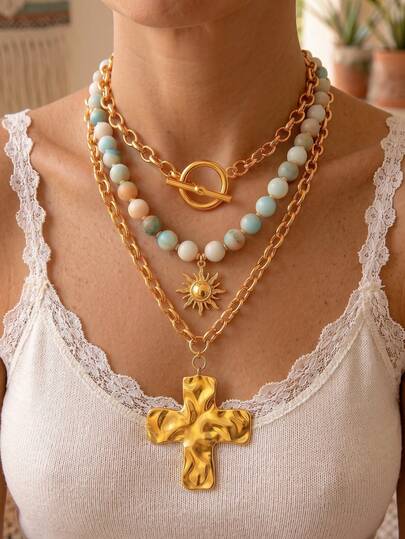 Bohemian 2/1pc Vintage French Elegant Fashion Colorful Beaded Layered Exaggerated Thick Chunky Chain Cross & Sun OT Clasp Pendant Necklace Set, Unique Y2K High-End Y-Shaped Collarbone Sweater Chain, Versatile Jewelry For Women, Summer Beach Vacation, Party, Music Festival, Date, Daily Wear, Gift
