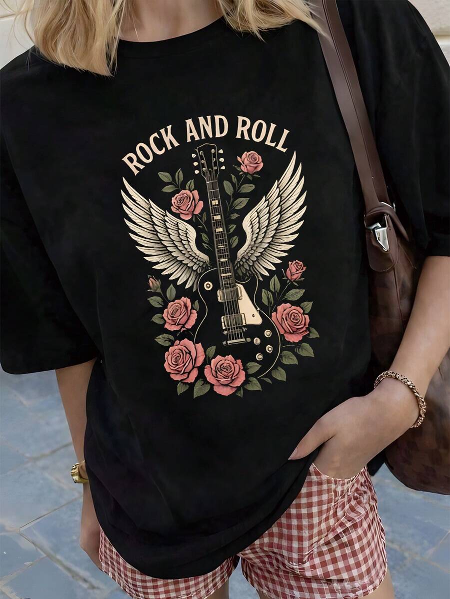 Music Festival Spring Summer Basic Tops Airy Comfort 100% Cotton Short Sleeve Tee Vintage Music Pattern Casual Daily Outfit Shirts - Black - View 1