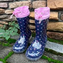 HSYAAMOO Kids Rain Shoes, Girls Rain Boots, Polka Dot Glitter, Drawstring Cuff, Waterproof, Anti-Slip Soft Sole - Navy Blue - View 3