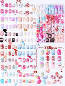 288片兒童美甲貼，Naio Kids 假指甲，預黏膠貼片式美甲貼，全覆蓋短款壓克力美甲套組，適合女孩美甲裝飾 - 彩色 - 查看 3