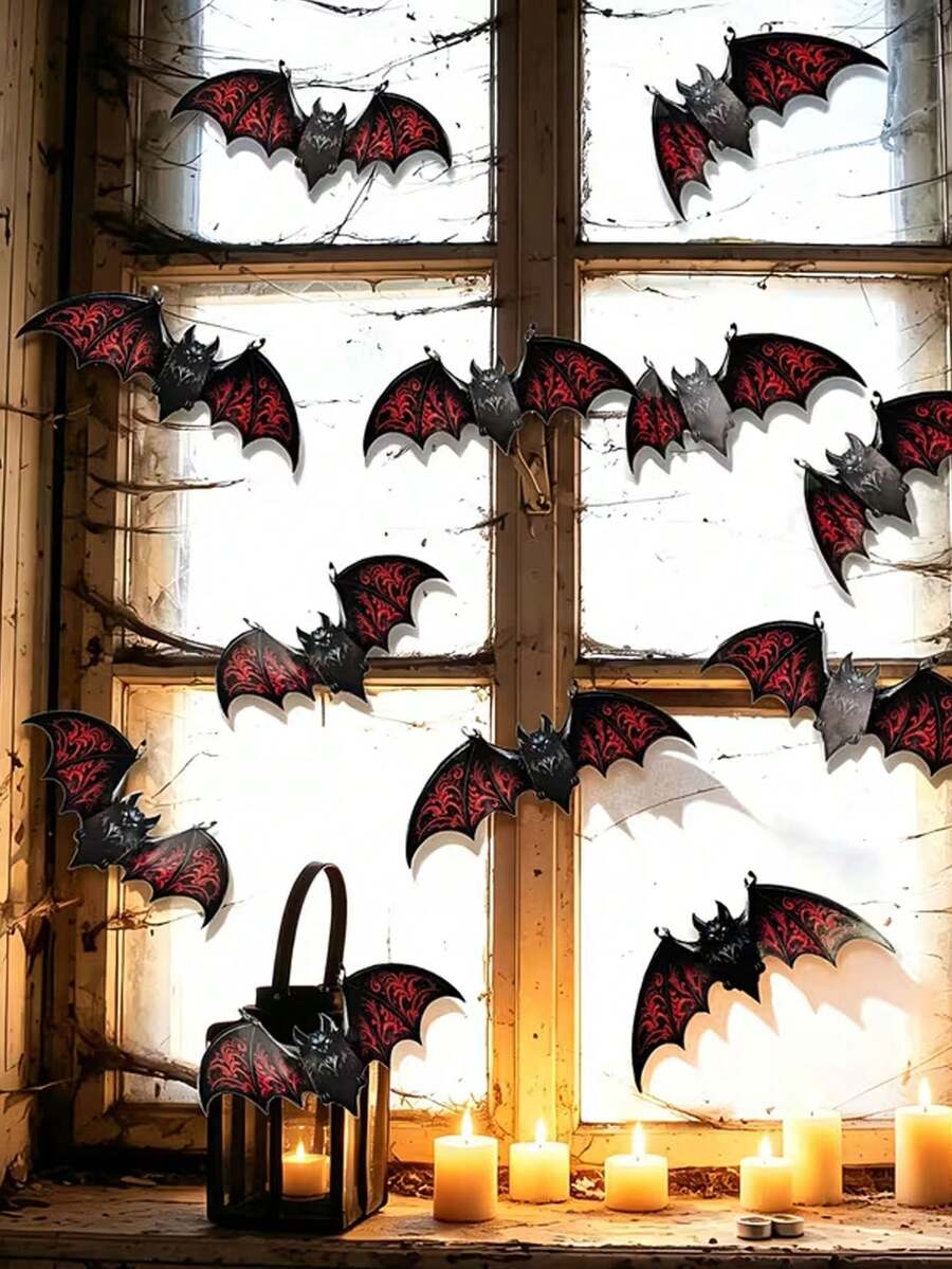 12pcs/1pc Halloween 3D Black & Red Textured Bat Wall Stickers, Suitable ...