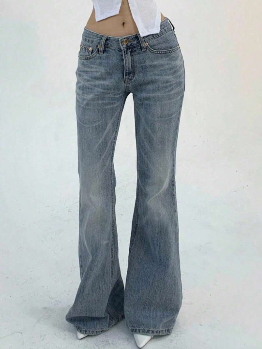 Low Rise Flared Jeans For Women, Classic 5 Pocket Metal Button Fly Casual Denim Trousers, Summer Streetwear Slim Hip Wide Hem Long Denim Pants