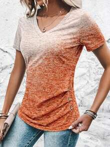Women's Gradient Print V-Neck Short Sleeve Ruched Waist T-Shirt Top - Coral Orange - View 3