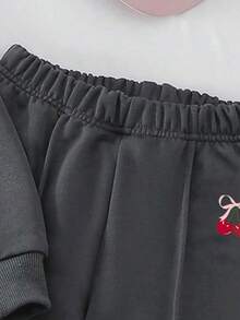 Young Girl Cherry Pattern Stand Collar Long Sleeve Sweatshirt And Pants - Dark Grey - View 6