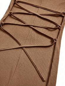 UREREM 210g Vestido de manga larga elegante de primavera, de punto acanalado de unicolor suave, con cuello cuadrado y cordón lateral, ajustado al Body - Café - Ver 3
