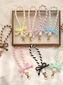 1pc Striped Bow Keychain Candy Color Phone Wrist Strap 2-In-1, Girly Pendant Accessory Wrist Short Rope Hand Strap Keychain Outdoor Travel Anti-Loss, Graduation Season Gift, Smartphone Wrist Strap, Strap, Short Wrist Strap Bag Hanging Chain Universal, Doll Plush Backpack Water Bottle Hanging Rope Anti-Loss Rope Beaded Hanging Rope Car Key Pendant - Multicolor - View 1